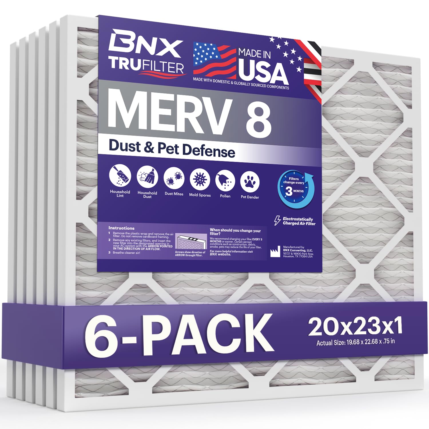 BNX TruFilter 20x23x1 Air Filter MERV 8 (6-Pack) - MADE IN USA